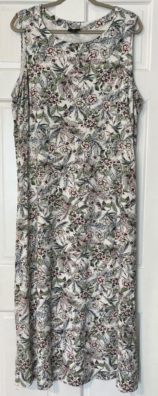 J Jill Maxi Dress 2X Floral Bird Print Stretch Casual Beach Wearever Sleeveless